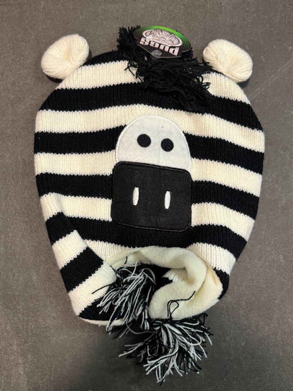 Pugs Zebra Striped Novelty Knit Hat Pom Ears NWT